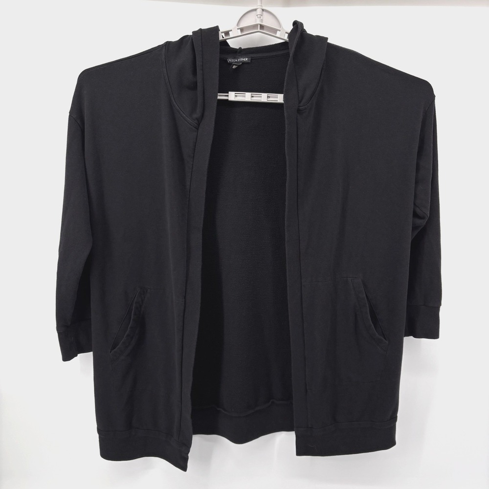 Eileen Fisher Organic Cotton Open Front Long Black Hood Cardigan LRG 3/4 Sleeve